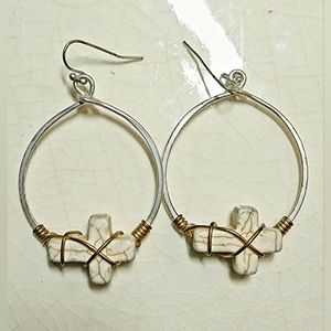 Stone cross silver hoop dangle earrings